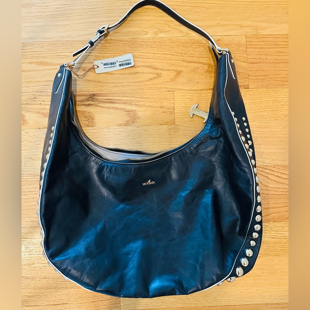 Hogan Black Leather Hobo Bag with Stud Detailing
